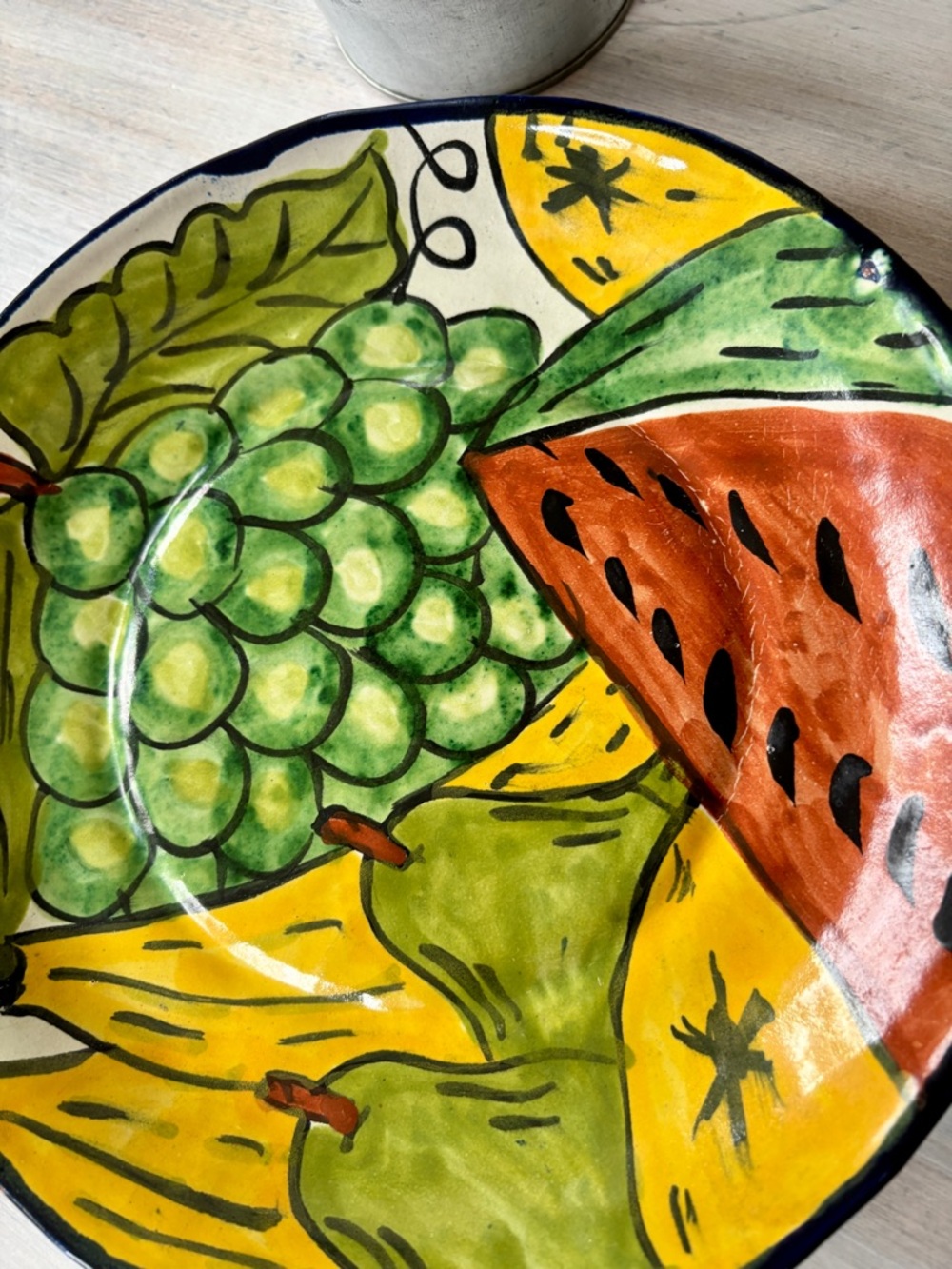 Hand‑Painted Mexican Ceramic Plate with Fruit Design in Green, Red & Yellow.